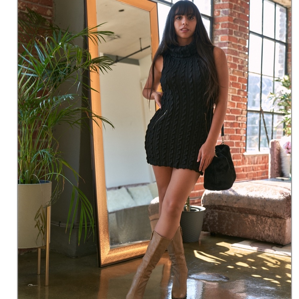 NEW Boho black sleeveless cowl neck KNIT sweater Mini dress